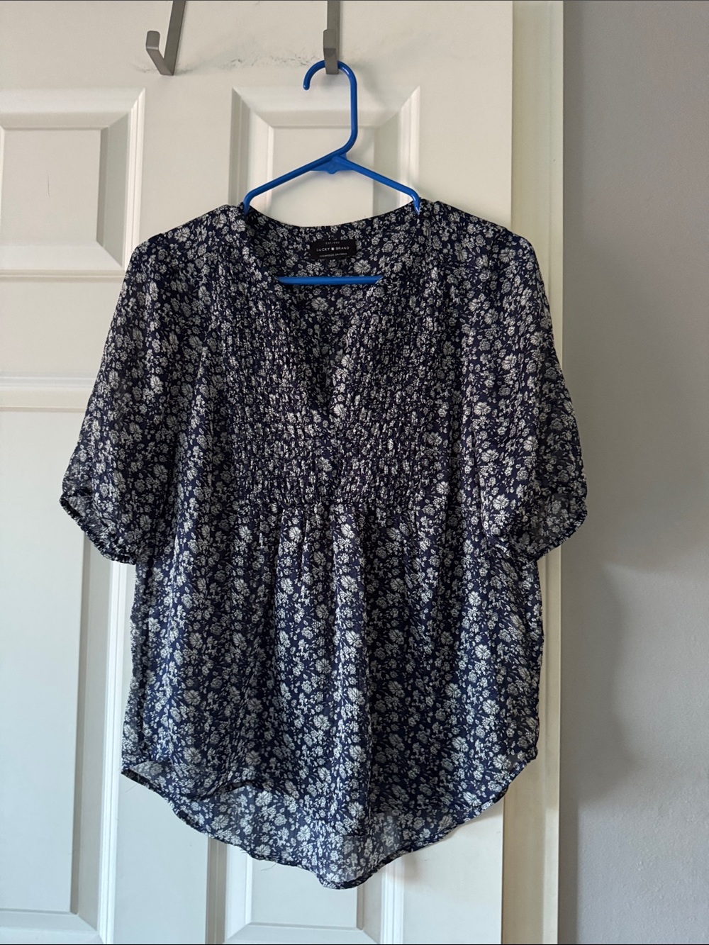 Lucky Navy and White Floral Smocked Peasant Blouse